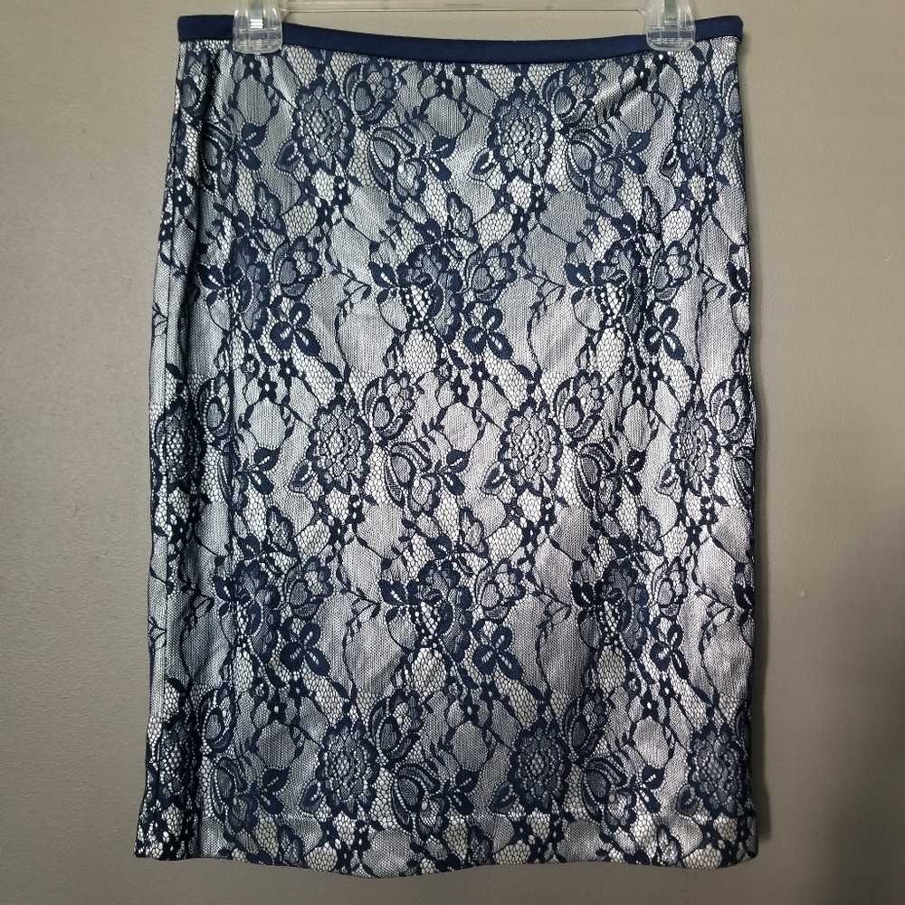 The Limited 4 Lace Pencil Skirt Metallic Navy Blue